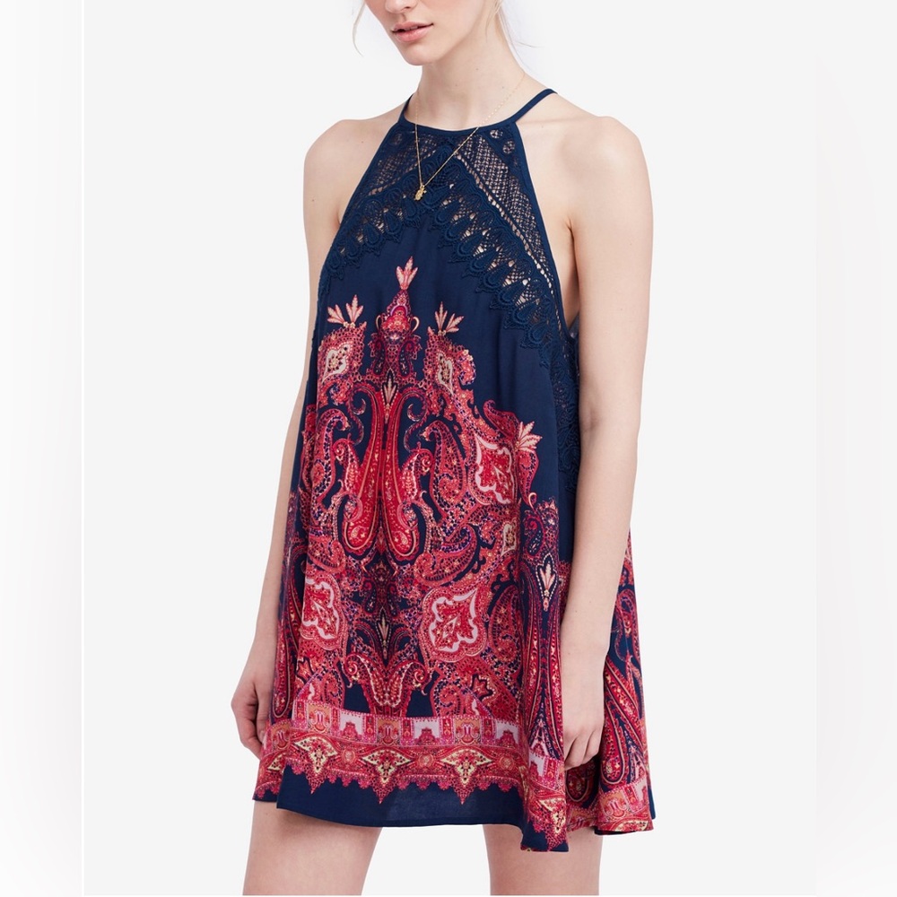 Free People Shea Halter Mini Dress Paisley Crochet Lace Navy Red S Petite Boho